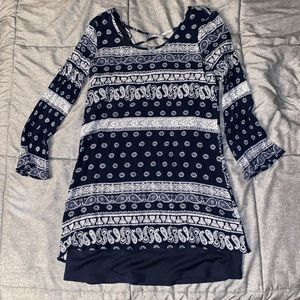 Charlotte Russe paisley print navy and white dress with cross cross straps